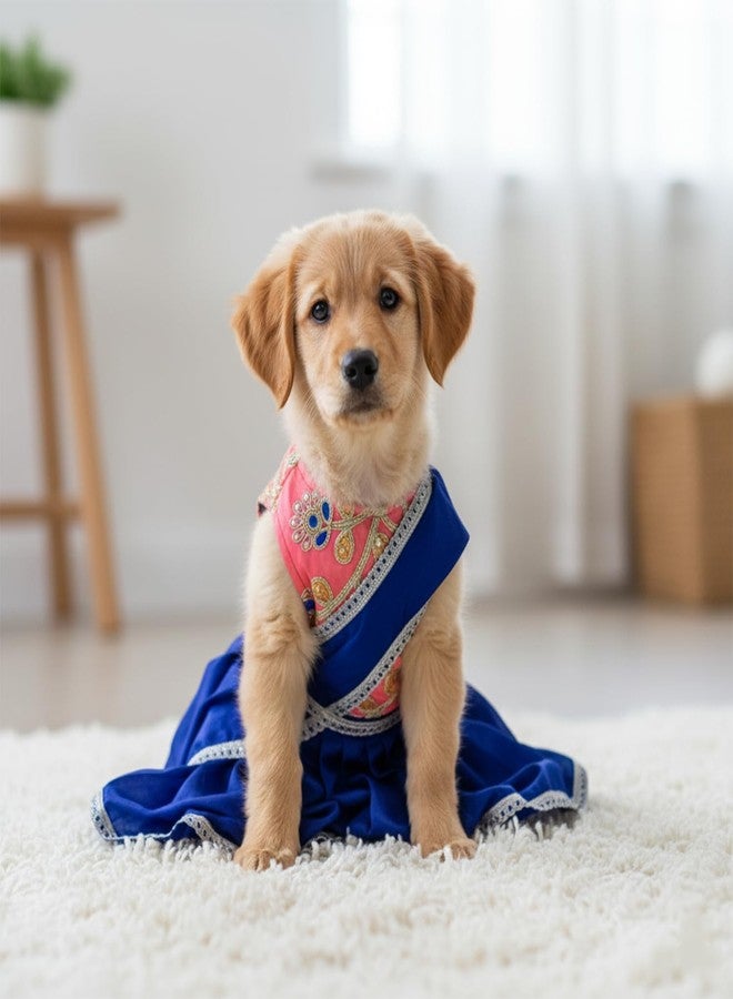 Lulala Traditional Indian Dog Dress for Festivals & Weddings | Sari-Style Ethnic Outfit for Dogs | Orange & Blue Designer Pet Costume with Golden Border for Small to Large Breeds - Image 1